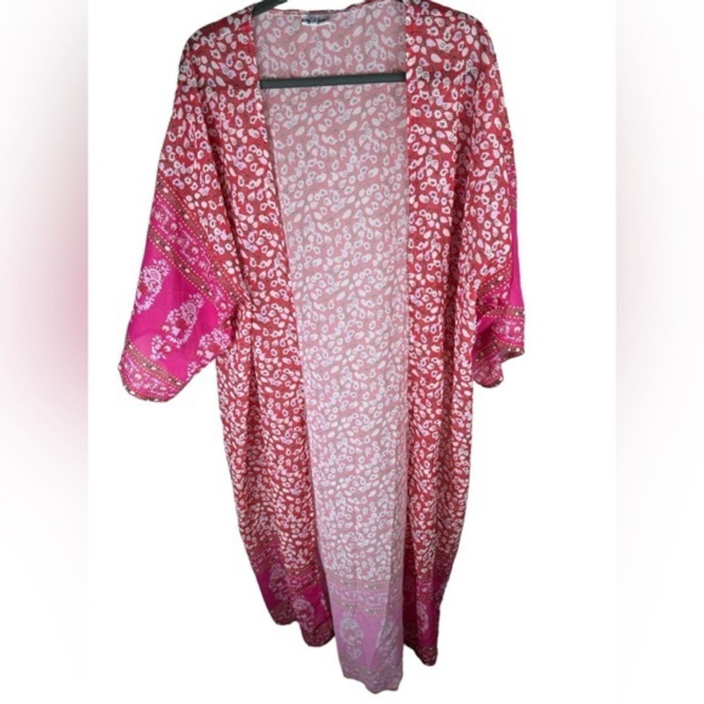 Woman Open Front Kimono Hem Pink Red Floral Flowy Cardigan One Size OS festival